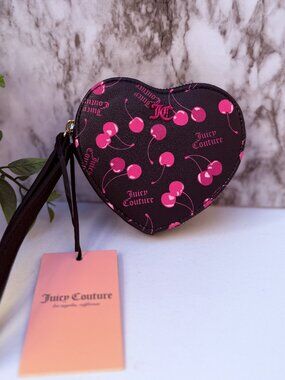 Juicy Couture Cherry Heart Coin Purse Wristlet Brown Pink Cherries Zip Pouch